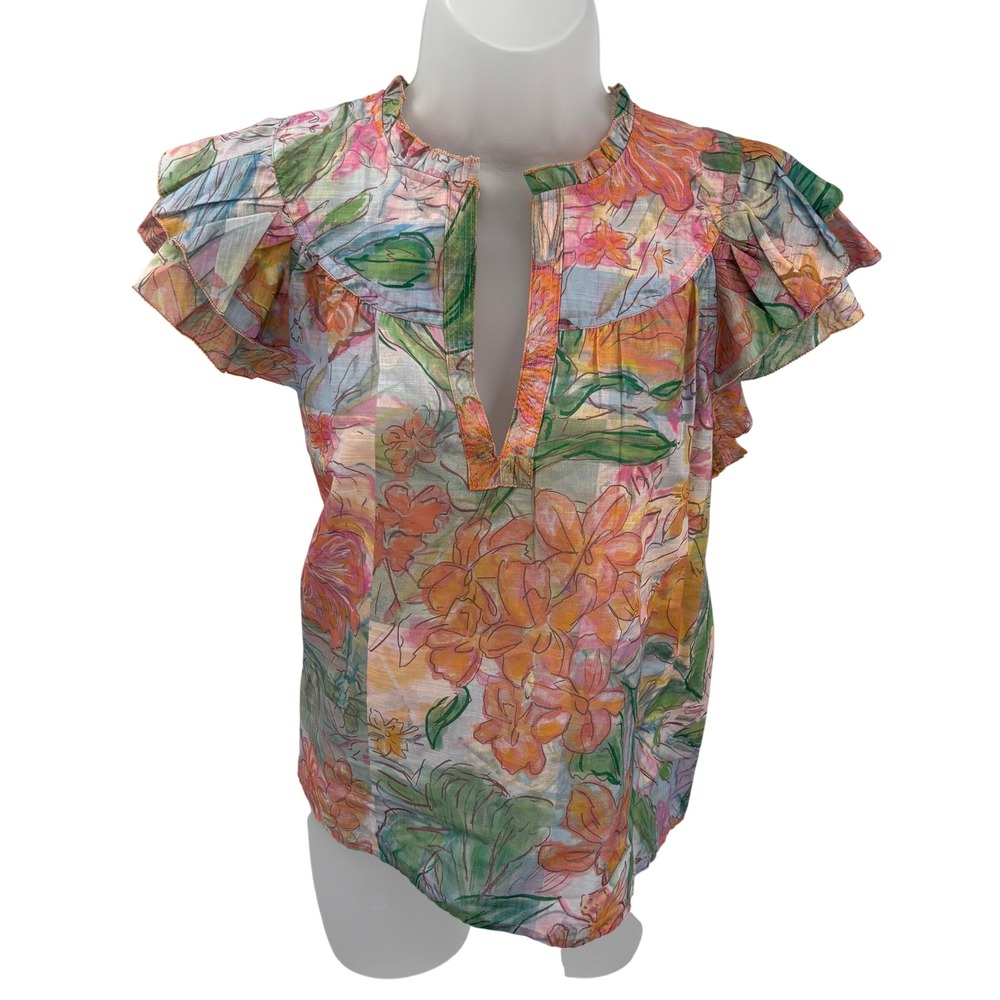 Rails‎ Multicolor Floral Flutter Ruffle Short Sleeve V-Neck Blouse Top Womens S